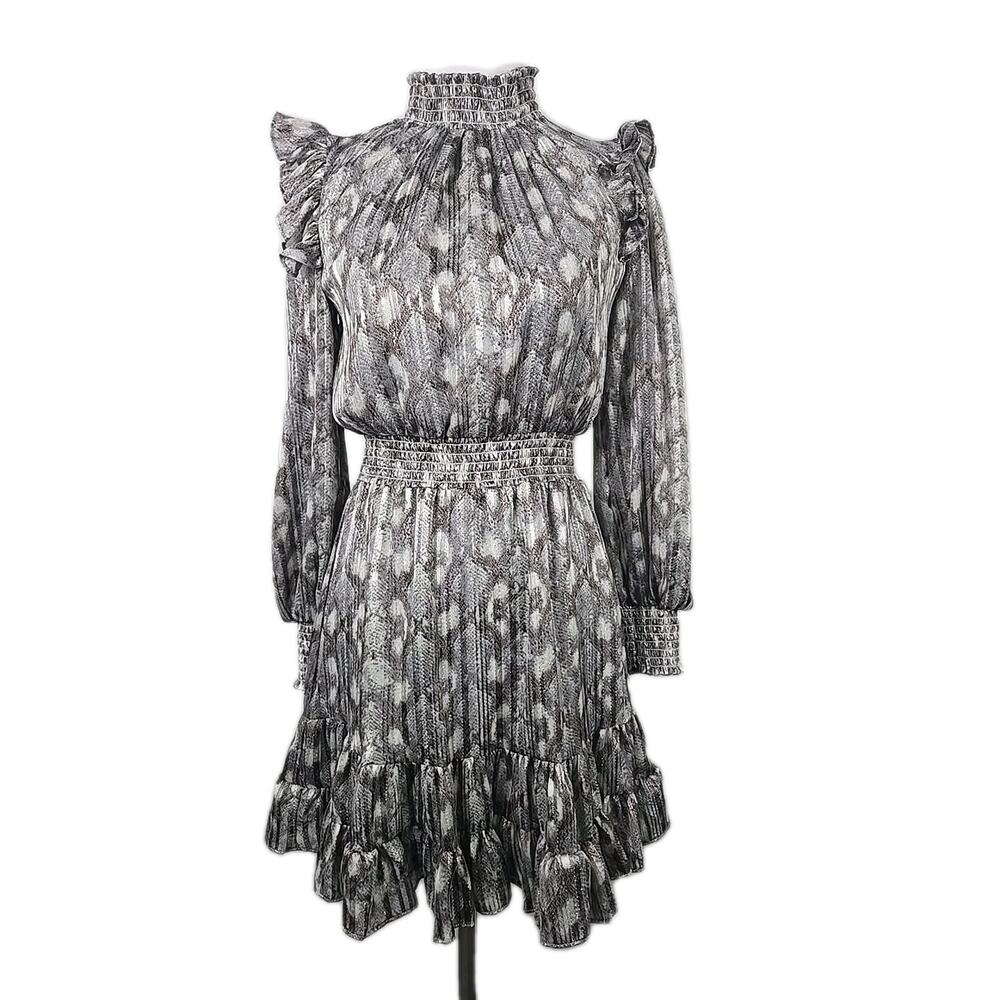 Willa Story OLIVIA Dress XS Silver‎ Mini Smocked Ruffle NWT $212